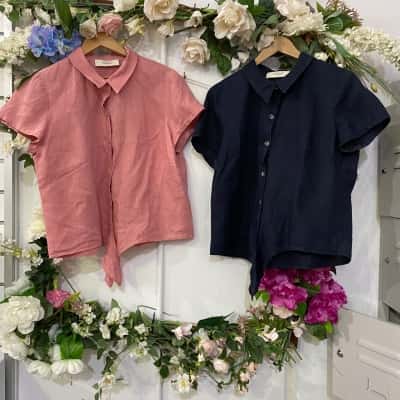 Jacqui-E Womens  Size 16 Short Sleeve Shirt Navy Blue / Pink  