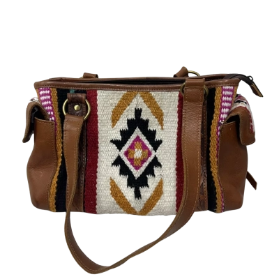 Brown Leather & Woven Kilim Style Shoulder Tote Bag Boho Geometric