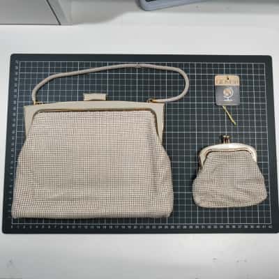 Vintage A Grade Glomesh Duo Womens Handbag / Purse Cream Aluminium Mesh 