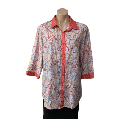 Cafe Latte Womens Size L Blue / Coral / Orange /  White / Yellow Pattern 3/4 Sleeve Shirt