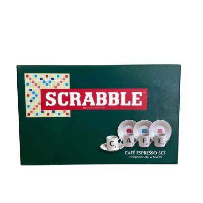 Scrabble Brand Crossword Game Cafe Espresso Set 4 x Espresso Cups & Saucers