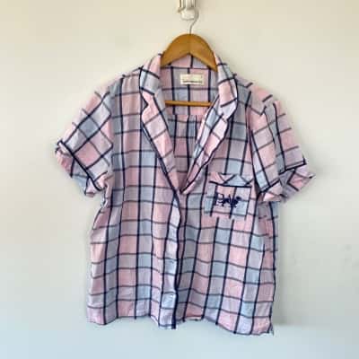 Peter Alexander Pink Blue Checked Short Sleeve Pyjama Shirt  Size L