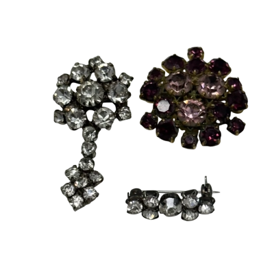Rhinestone  Womens Brooch x3 Purple Gold Tone and / Silver Tone Clear stones 