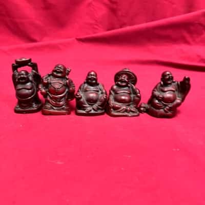 Vintage Chinese Dark Cherry Amber Bakelite Resin Mini Buddha Figurines Set of 5