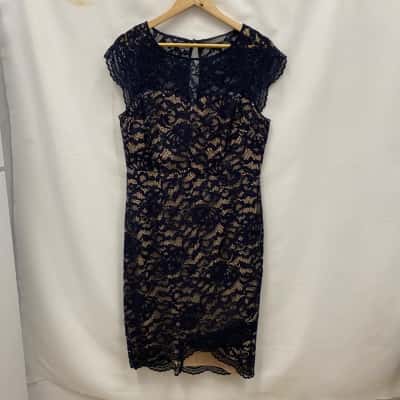 Jacqui-E Women's Lace Dress Size 14 Navy Blue / Nude 
