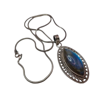 Sterling Silver Pendant With Blue Oval Gemstone & Chain