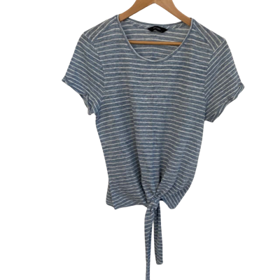 Decjuba Womens Linen Size L Short Sleeve Top Blue / Striped / White 