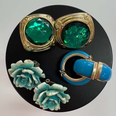 Vtg. Set of 3 Clip on Earrings Blue/Green Tones