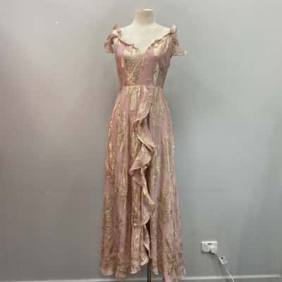 We Are Kindred “Blushing Lotus” Womens  Size 6 70% Silk Maxi Dress Gold / Pink  