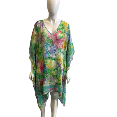 BNWT Blue Illusion Women's Size L Border Kaftan Painted Flower Print  