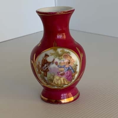 Vintage Limoges France Miniature Vase - Burgundy & Gold Fragonard