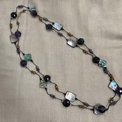  Womens Polished Shell and Faceted Bead Long Necklace