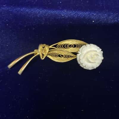 Vintage Carved Rose & Filigree Brooch
