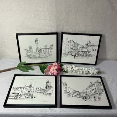 Set of 4 Framed Landmark Pencil Sketches by H Watson