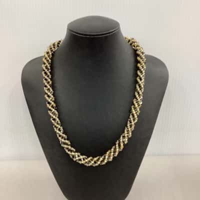  Womens Vintage Beaded Necklace Black  / Gold Twisted Seed Beads