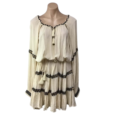 Tigerlily Womens Size 10 Cream / Black Embroidered Embellished Detail Long Sleeve Dress  