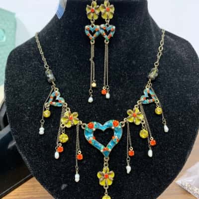  Womens Beaded Necklace / Earrings box set in Blue / Green / Orange beads