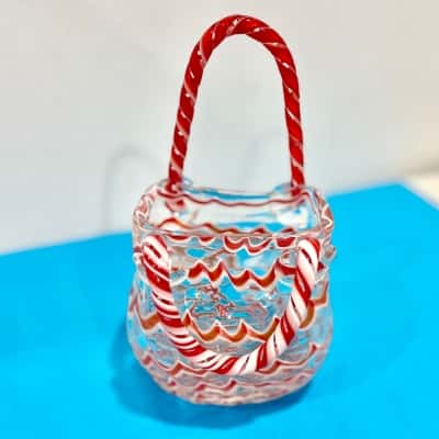 Art Glass Red & White Swirl Design Hand Bag Vase 