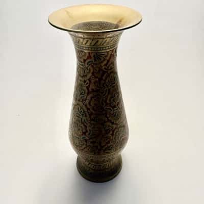 Vtg. Etched Red Blue Brass Vase Indian Style Design