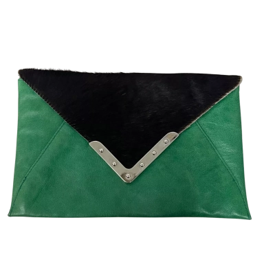 CLOVER Green Leather Envelope Clutch Black Hair-On Hide Silver Hardware