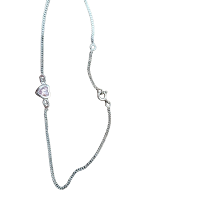   Fine Silver Chain with  Pink Crystal Heart ankle bracelet