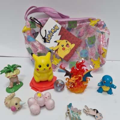 Pokemon Pins, Figurines, and zip up clear case