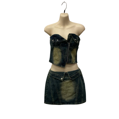 Pretty Little Things Petite Indigo Vintage Wash Denim Fold Over Zip Up Corset Size 4 / 6 Mini Skirt Blue 