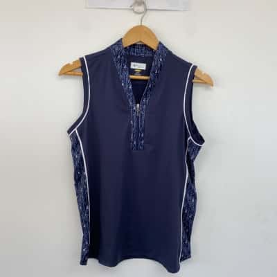Ping Colleen Navy Blue Paradise Garden Sleeveless Golf Polo Top  Size M 