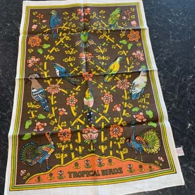 Vintage Pure Linen Tea Towel - Tropical Birds Mid Century Style - New