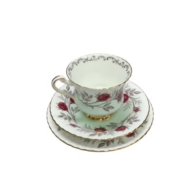 Vintage “Fascination” Teacup, Saucer & Plate Trio - Two-Tone White & Light Green Background