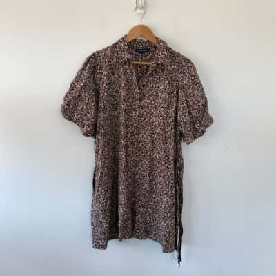 French Connection Black Orange Pattern Button Up Short Sleeve Mini Dress Size 10
