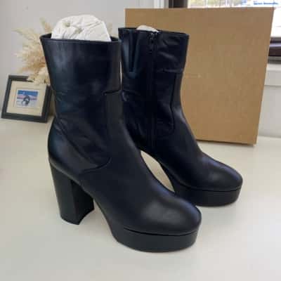 Alohas Black Thunder Leather Platform Chunky Block Heel Ankle Boots  Size 39 