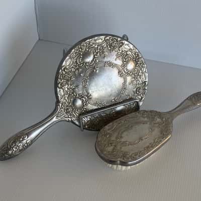 Vintage Victorian-Style Embossed Hand Mirror and Brush Set