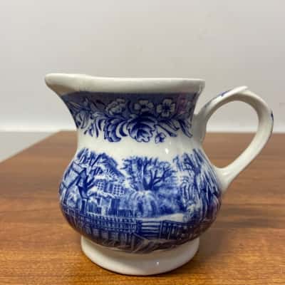 Vintage Churchill Currier and Ives “Mill Dam” Blue and White Creamer / Milk Jug