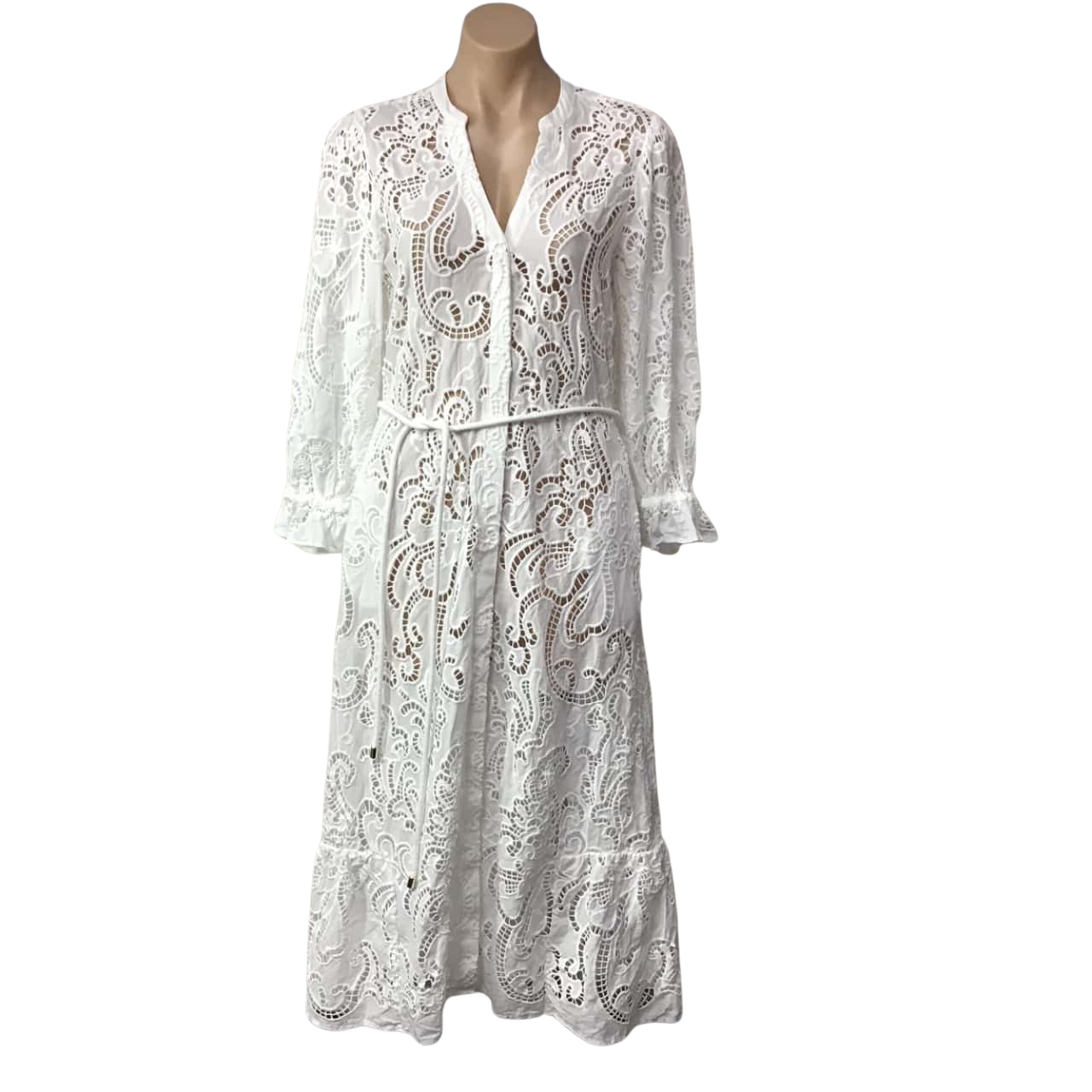 Blue Illusion Womens Size XS White Cut-out Lace Button up 3/4 Sleeve Maxi Dress (s) - Used Very Good | Salvos Stores Blue Illusion Womens Size XS White Cut-out Lace Button up 3/4 Sleeve Maxi Dress (s) - Used Very Good | Salvos Stores