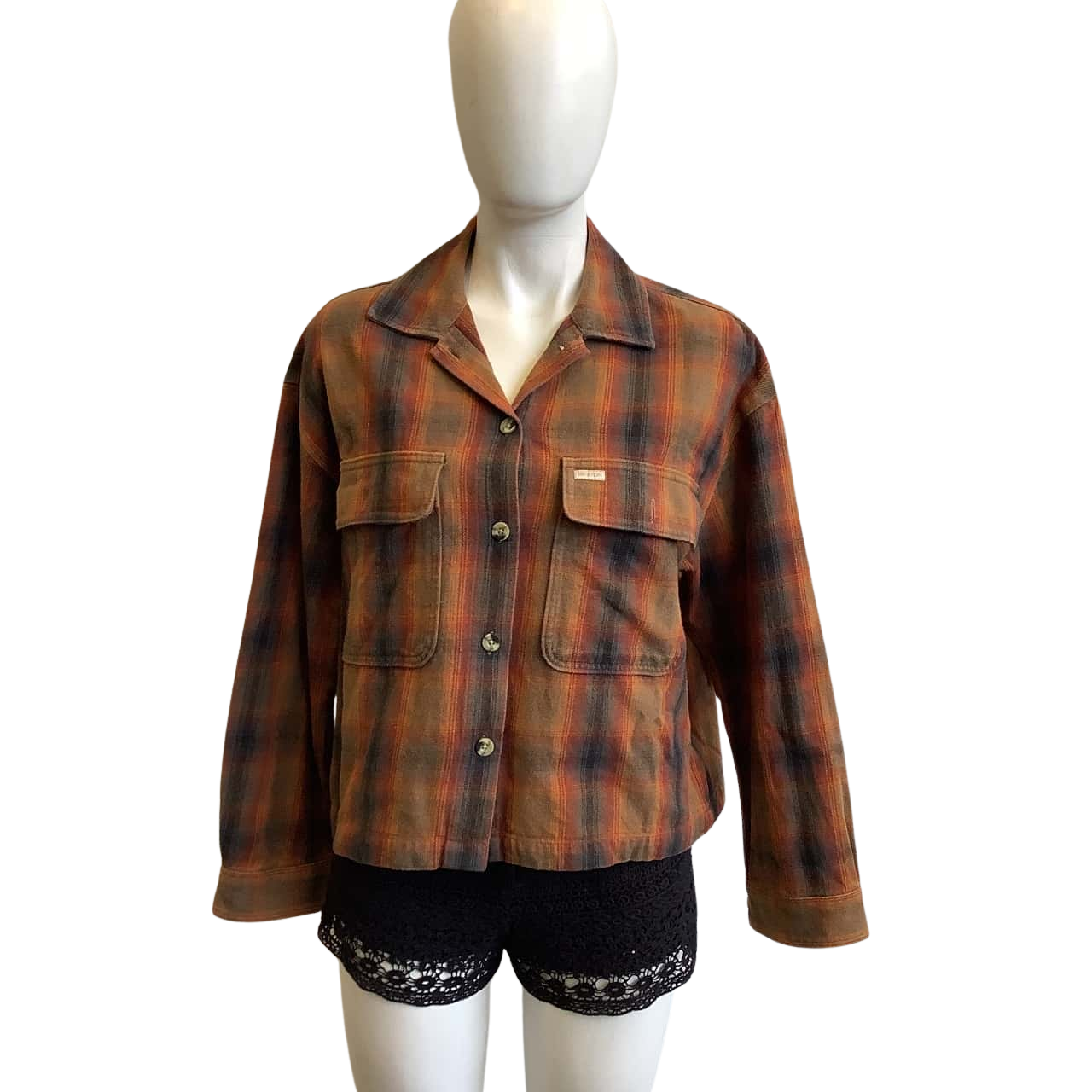 Brixton Women's Size S Cropped Flannel Shacket Brown Check (s)