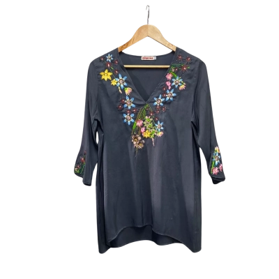 Johnny Was Womens  Size S Silk 3/4 Sleeve Top Grey / Multicoloured 