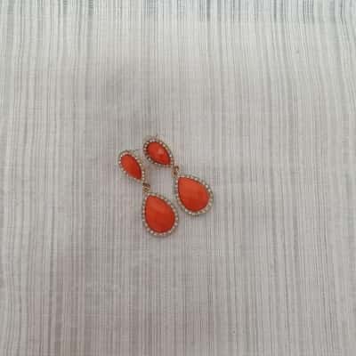 Classy & Elegant Orange Cabochon & Diamante /Tear Drop /Pierced Earrings 