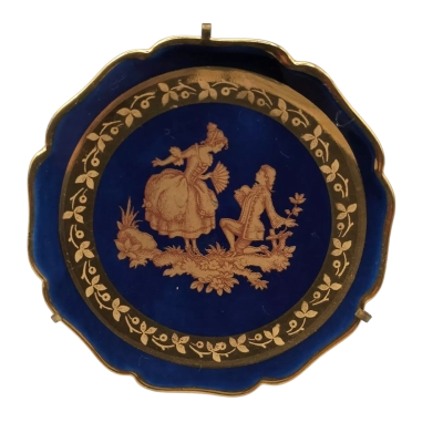 Vintage Limoges France Cobalt Blue Miniature Plate Gold Courting Couple 9 cm. diameter. With a stand no box.