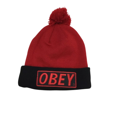 Obey Red & Black Knit Pom-Pom Beanie With Embroidered Logo