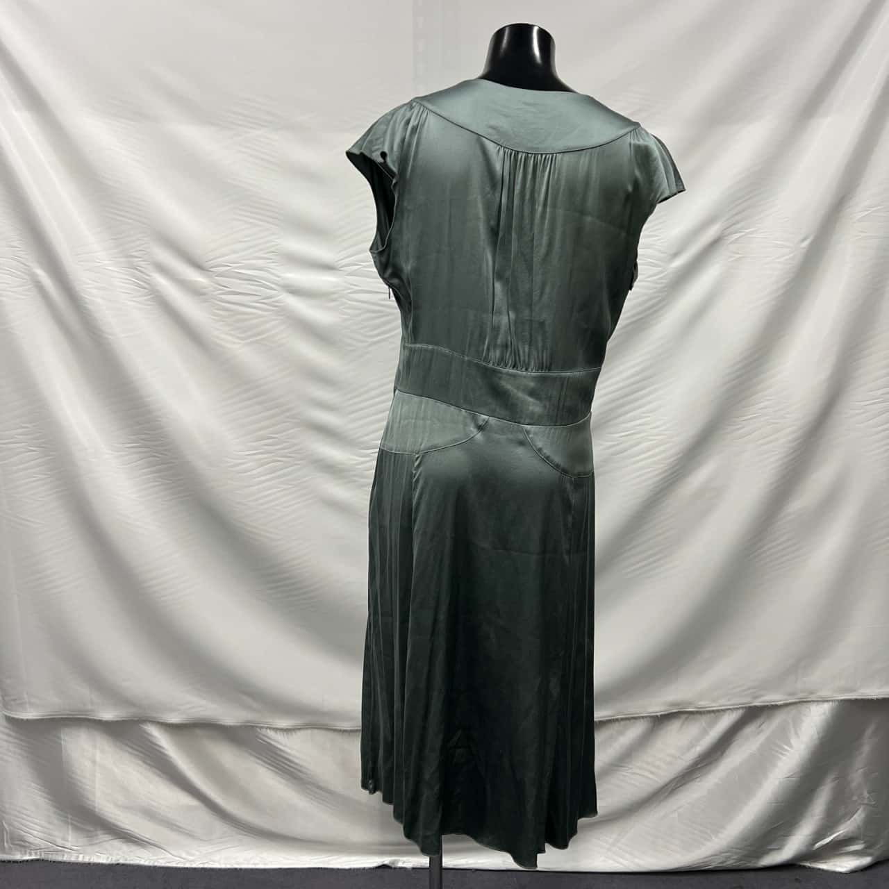 green emerald velvet dress JIGSAW OLIVE GREEN SILK SLEEVELESS FRILL TRIM BIAS CUT DRESS SIZE 16 –  Whispers Dress Agency main image 0