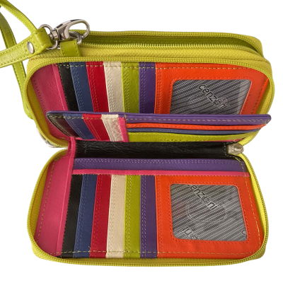 “Cenzoni” Leather tri fold, 2 zip compartment wallet -  Multicoloured 