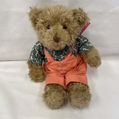 Russ Benjamin Bear Brown 14" Coral Suspenders Bow Teddy Toy Plush Stuffed Animal