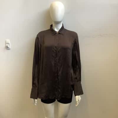 Carla Zampatti Womens  Label Size 14 Long Sleeve Silk Shirt Dark Brown