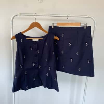 Peony Navy Blue Embellished Button Up Sleeveless Top And Mini Skirt  Size XL 