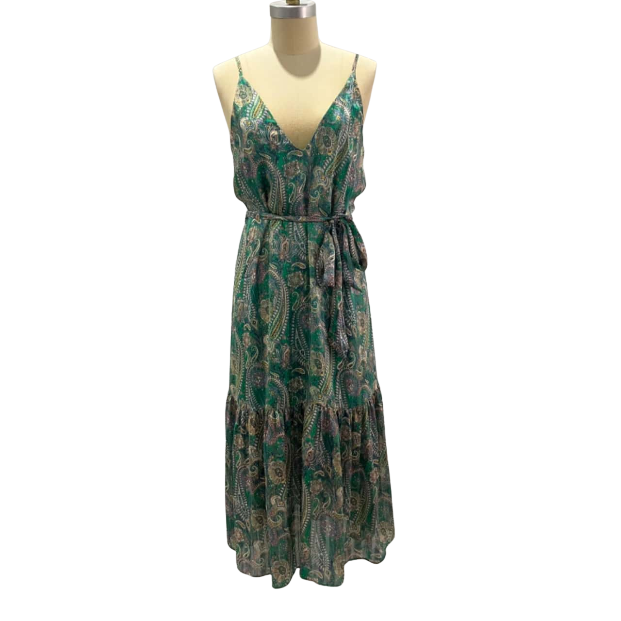 Women's Green Maxi Dress with Waist Tie