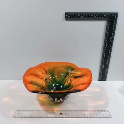 Murano Style Blown Glass Orange Green Candy Dish Vintage 