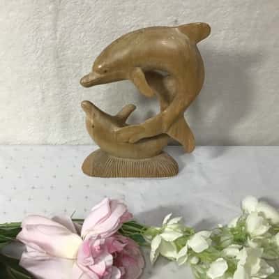 Wooden Hand Carved Dolphins Playing Statue Sculpture