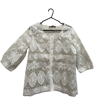 Liz Jordan Womens  Size 12 lace 3/4 Sleeve Top / Button Up Top White 