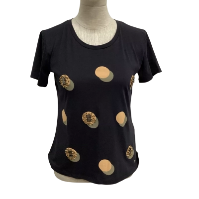 Armani Jeans Womens  Size 36 Short Sleeve Top with Apricot & Khaki Green Circles - Adorned with Beads Black  